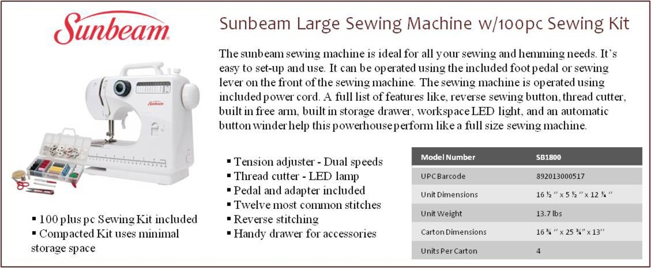 Sunbeam Compact Sewing Machine & Home Essentials Sewing Kit-White